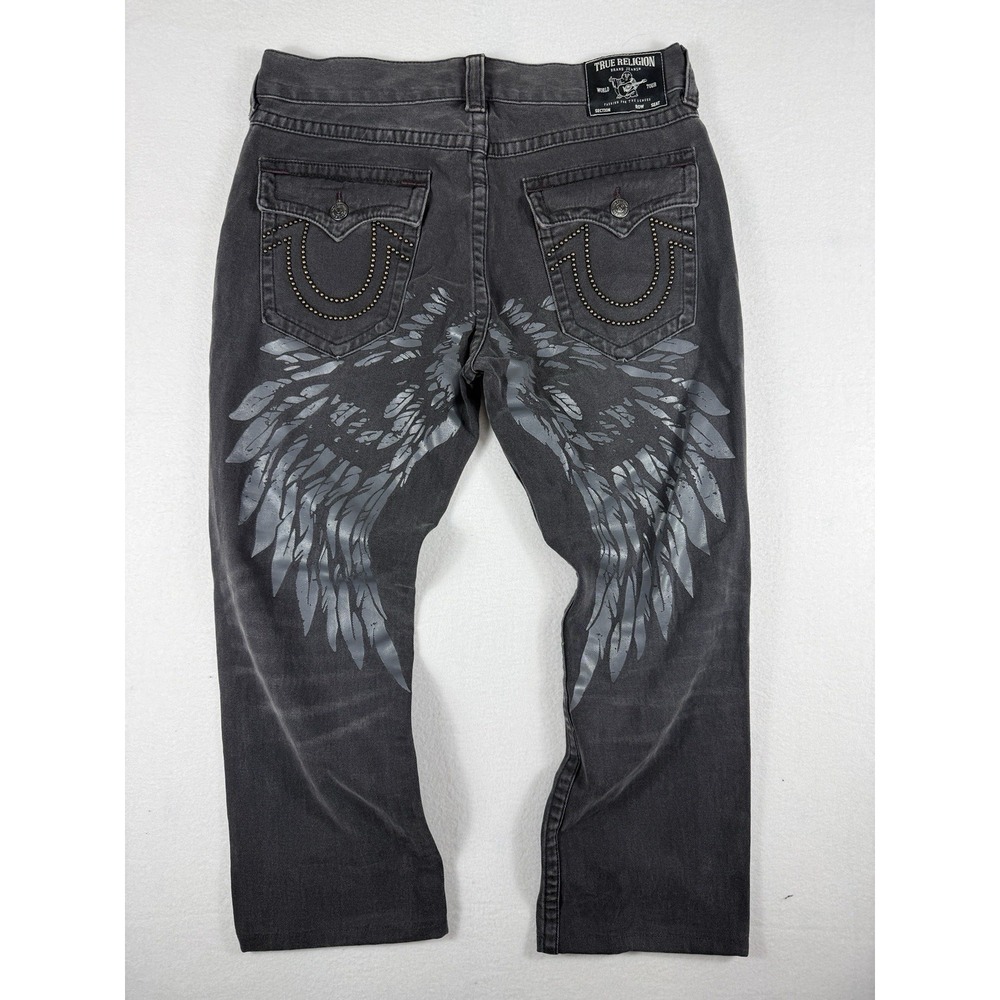 True Religion Ricky Mens 34x25 Black Denim Jeans Angel Wings Studded Flap Pocket